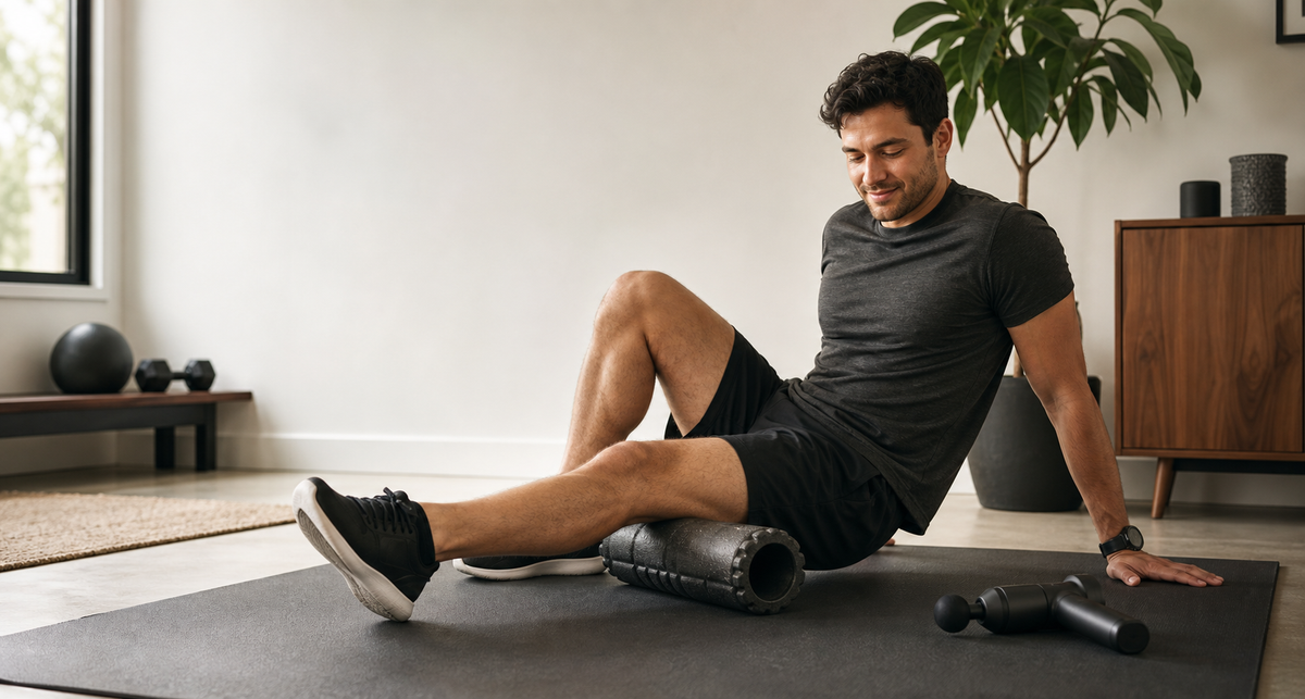 Home recovery scene with foam roller and massage gun