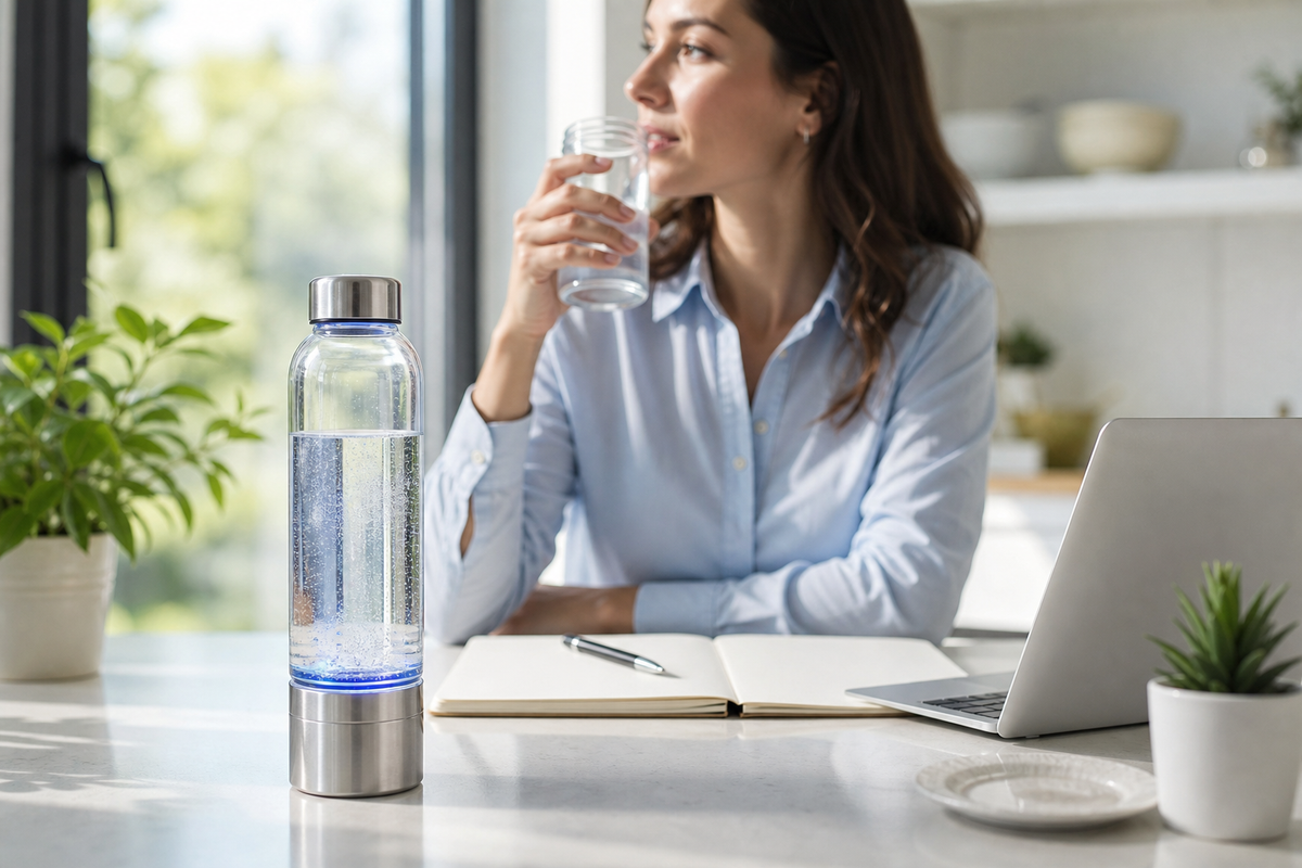 Lifestyle scene with hydration bottle in bright morning light