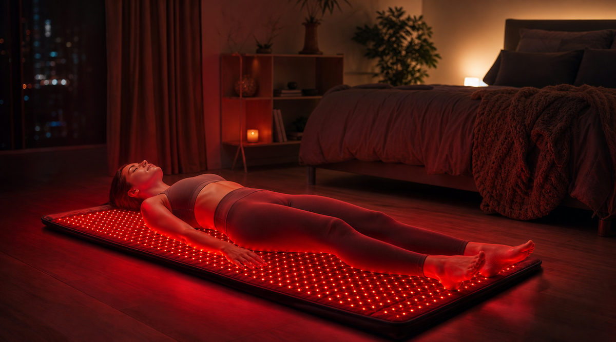 Lifestyle scene with red light therapy mat